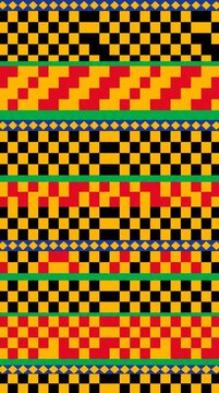 Contemporary African geometric textile pattern, Kente inspired horizontal stripe design with gold, black, red, green and blue repeating geometric shapes