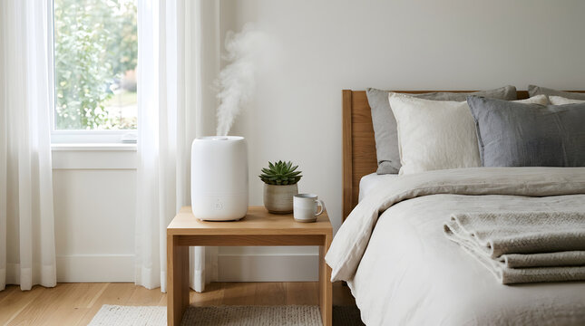 Humidifier in bedroom with steam, cold season, healthy indoor air, clean minimalist interior no text.