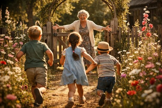 Grandmother welcoming grandchildren with open arms in a sunny garden path, celebrating family love and reunion outdoors.