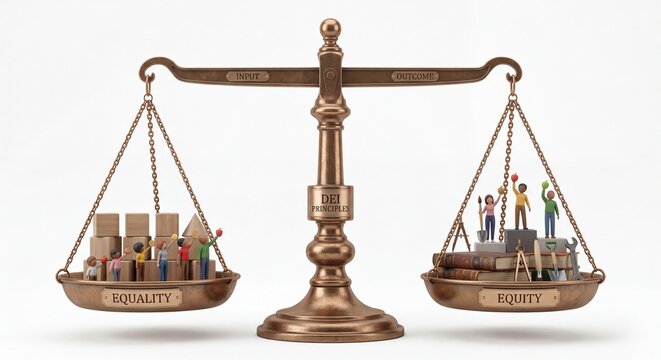 A bronze scale of justice comparing equality and equity with miniature figures and wooden blocks.