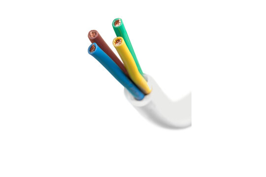 Closeup of a white electrical cable splitting into four colored wires with exposed copper electrical wire power cord
