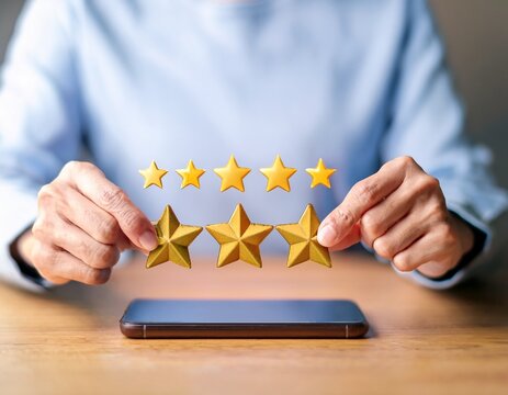 online customer review and five star rating concept with hands placing four stars on the table horizontal