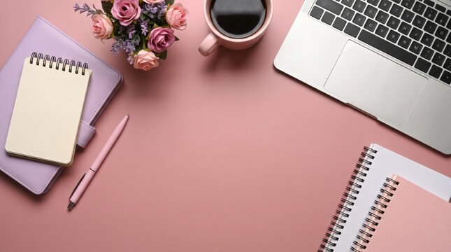 Feminine home office workspace with laptop computer notebooks pen coffee cup and flowers on pink surface flat lay top view