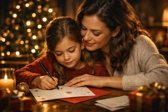 Mother and daughter writing Christmas card together by candlelight, warm family holiday moment with tree lights in background
