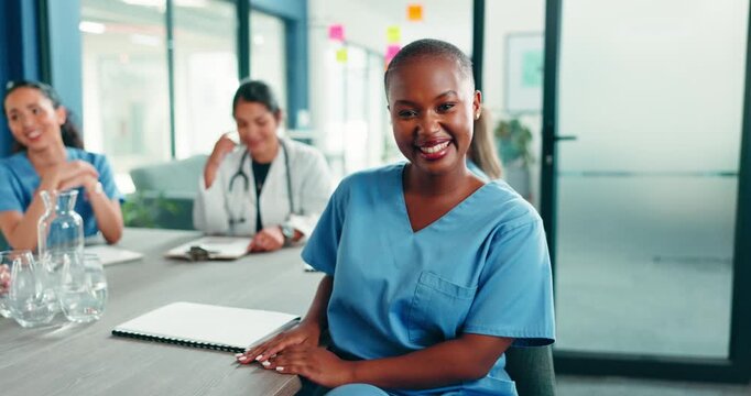 Happy woman, face and nurse in meeting for healthcare, integrity and confidence in hospital. Smile, specialist and medical team in boardroom for group management, opportunity and service minded