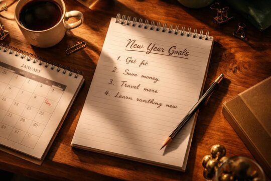 Notebook with New Year goals, calendar, coffee and pencil on wooden desk, planning resolutions and personal growth.