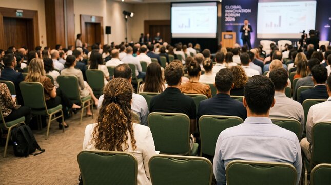 Large diverse crowd of professionals sitting together inside a brightly lit modern convention center auditorium listening to keynote presentation