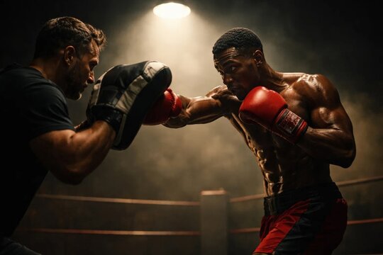 Boxer throws powerful punch at coach mitts in dark gym, showing combat training, focus and athletic strength.
