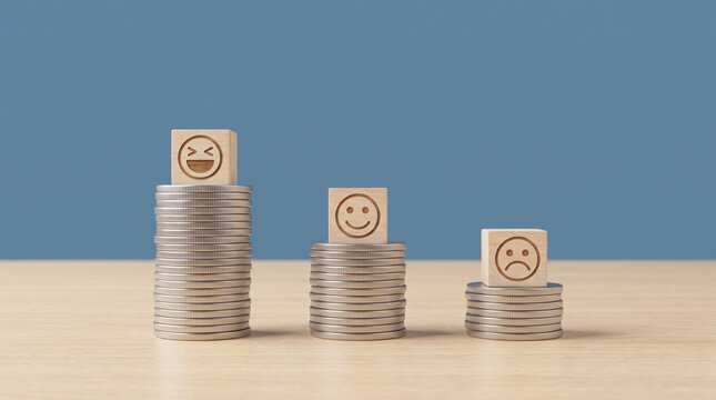 Coins stacked decrease with smiling and sad expression. Finance investment recession crisis. money budget saving expense, value reduction down decayed, risk loss