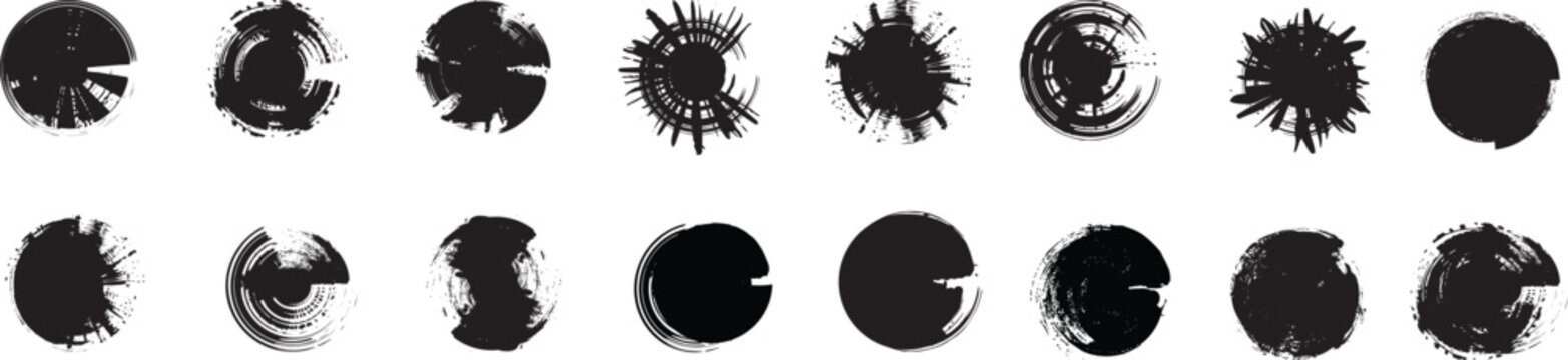 Set of black grunge circles shapes on a white background. brush Grunge round shapes. Japanese and chinese calligraphy round shapes. Graphic element design. Rubber black stamp vector.