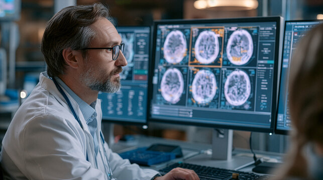 emergency physician reviewing trauma CT scans with AI-assisted prioritization on a hospital diagnostic monitor