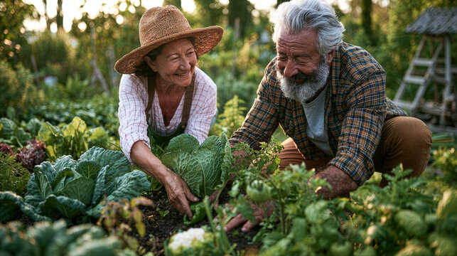 energetic senior couple caring for a beautiful vegetable garden together on a sunny morning