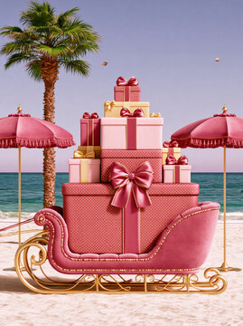 Colorful Christmas gifts in a beach setting with a sleigh and palm trees