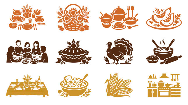 A delightful collection of thanksgiving icons representing traditional food family gatherings and autumnal harvest celebrations for festive designs