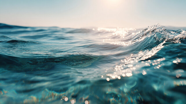 sunlight reflecting on clear ocean surface, soft wave texture, calm summer mood, minimal composition