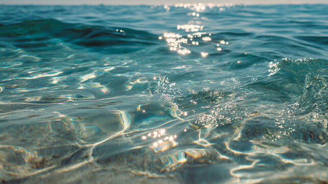 sunlight reflecting on clear ocean surface, soft wave texture, calm summer mood, minimal composition
