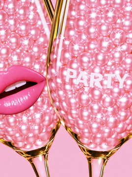 Pink party glasses with pearls and lips for celebration and event marketing