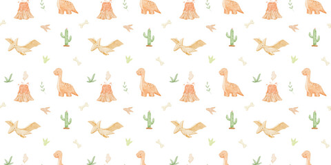 Cute baby dinosaurs watercolour seamless pattern for kids wallpaper. Repeating nursery hand painted background. Backdrop with pterodactyl for children © Elena