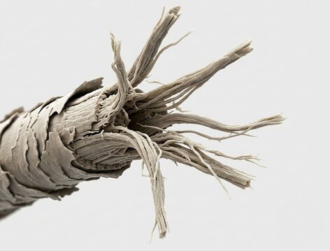 Microscopic close-up of a damaged human hair fiber with severe split ends revealing broken keratin structure