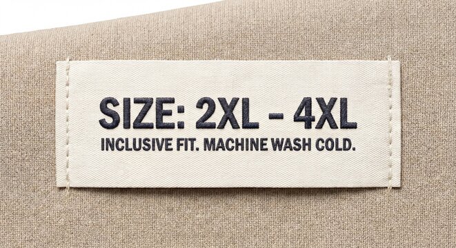 A fabric clothing tag label displaying size 2XL to 4XL with inclusive fit and wash instructions.