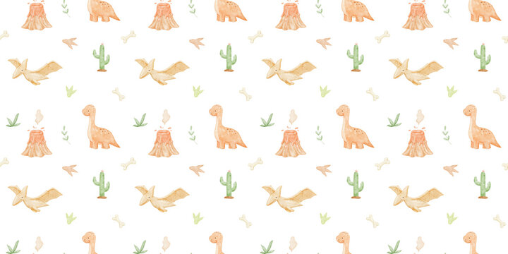 Cute baby dinosaurs watercolour seamless pattern for kids wallpaper. Repeating nursery hand painted background. Backdrop with pterodactyl for children