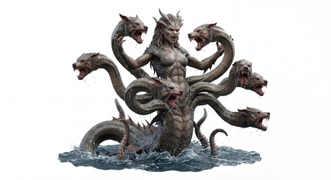 A fierce multi-headed hydra creature rising from the water isolated on a plain white background.