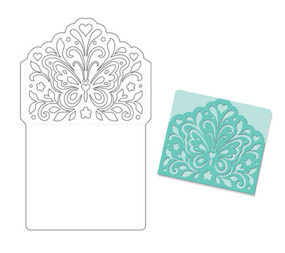 An envelope template with a cut-out butterfly. Scrapbooking. Paper crafts, cutting. 