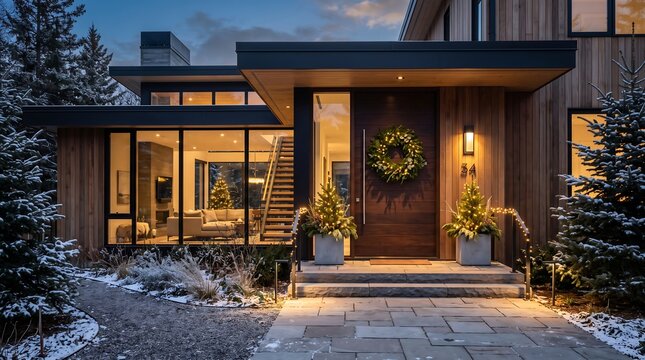 Exterior of a modern wooden house at twilight with large glass windows, a christmas wreath on the front door, and illuminated pine trees