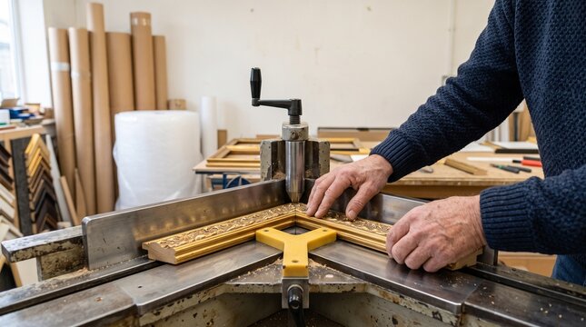 Skilled craftsman precisely joining corners of decorative golden wooden picture frames inside busy traditional artisan workshop studio space