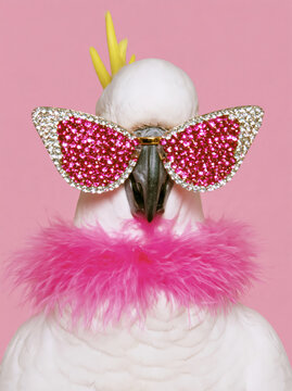 Cockatoo with Sparkling Sunglasses and Pink Feather Boa on Pink Background