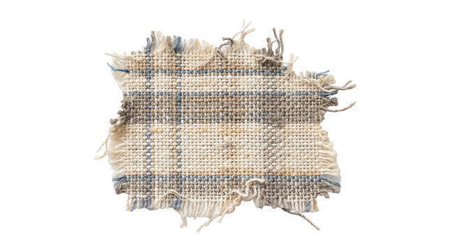 Torn fabric patch with frayed edges is isolated on a white background