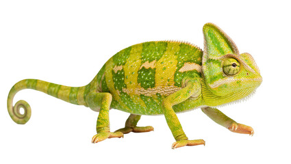 Green veiled chameleon with yellow stripes, isolated on transparent background © PNGIG