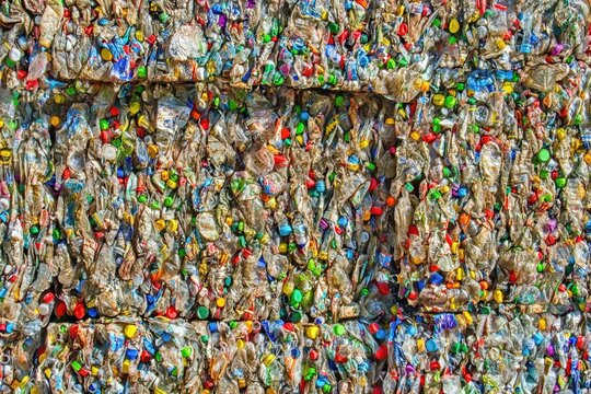 Multicolored plastic waste, pet bottles recycled