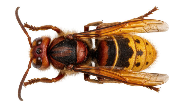 European hornet with orange head and striped abdomen, isolated on transparent background