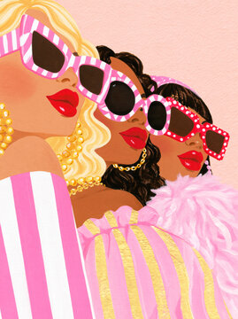 Three fashionable women wearing sunglasses and stylish outfits against a pink background