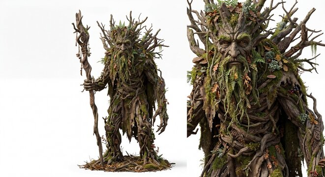 A mystical forest guardian creature made of tree branches and moss holding a tall wooden staff tool.