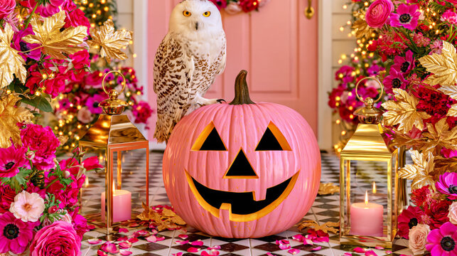 Halloween Decor with Pink Pumpkin, Owl, and Floral Arrangements for Festive Celebrations
