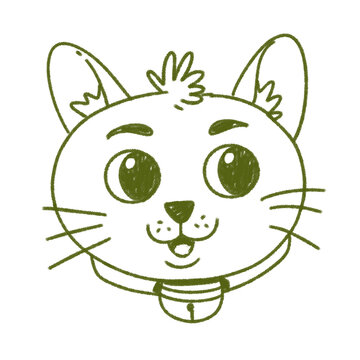 Charming hand drawn cat character with round eyes, whiskers, pointed ears, and a playful Halloween-inspired expression. Sketch lines and subtle pencil-like texture create a deliberately imperfect hand