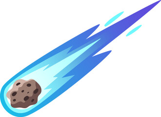Falling blue fireball meteor with burning flame trail isolated on white background, fast moving comet rock in dark space, cosmic asteroid falling down with light energy streak, © Sudarat