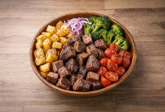 Healthy bowl with grilled beef cubes roasted potatoes broccoli and tomatoes