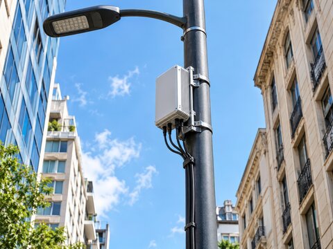 Compact small cell radio unit mounted on street lamppost in city with buildings under bright daylight