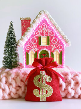 Decorative Christmas gingerbread house with dollar sign bag and pine tree on pink knit background