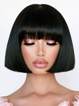 Close-up of a woman with sleek black bob hairstyle and glossy lips, ideal for beauty and fashion marketing