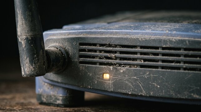 Old router covered in dust with glowing indicator in dark room