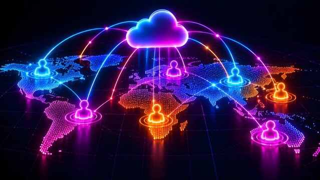 Cloud computing global network concept with glowing earth map and connected human avatars pointing to a central cloud representing worldwide digital storage and internet connectivity.
