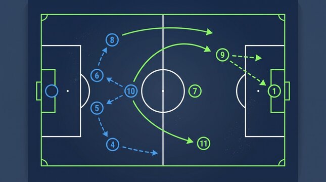 Soccer strategy diagram illustrating offensive and defensive plays with player positions