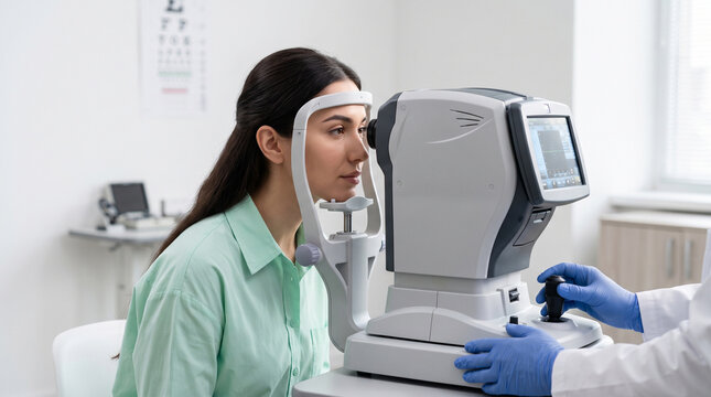 Female patient undergoing eye examination with autorefractor machine