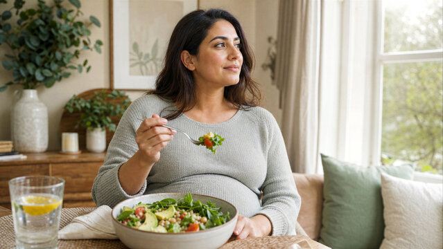 Pregnant woman eating fresh vegetable salad at home table. Expectant mother enjoying healthy meal in cozy bright living room near window.