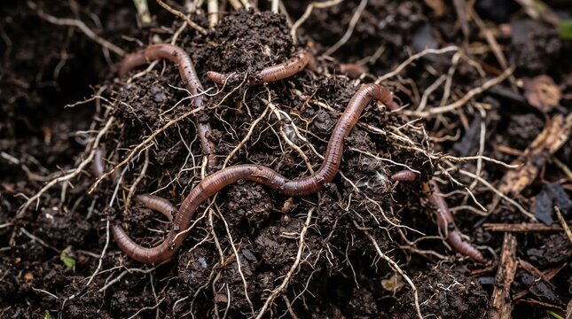 Close-up of earthworm burrowing in dark soil and roots