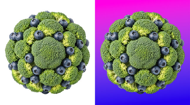 Artistic spherical arrangement of broccoli and blueberries